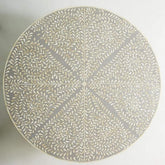 Maaya Brass Bone Inlay Round Drum Coffee Table Grey Floral